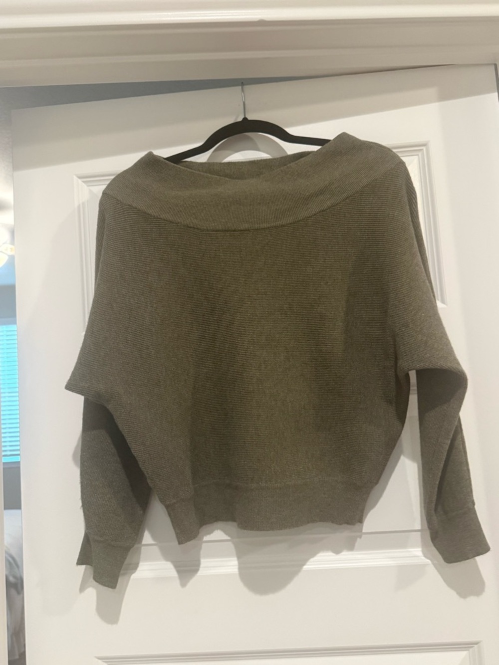 Off-the-Shoulder Cozy Knit Sweater in Olive Green, Size M/L
